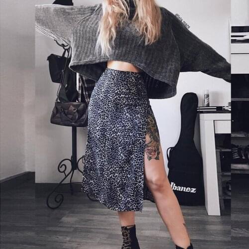 Sexy Leopard Flower Print Skirts High Waist Stretch Split Midi Skirts 2021 Summer New Slim Street Style A-line Skirt