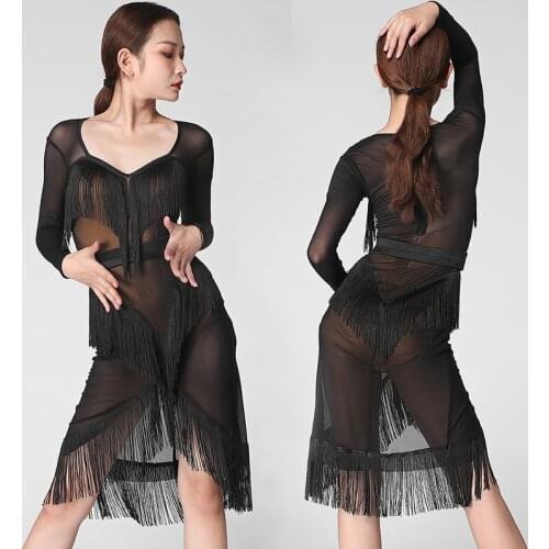 Latin Dance Dress Female Adult Sexy See-Through Mesh Tassel Dresses Tango Salsa Cha Cha Samba Rumba Performance Wear DNV13698
