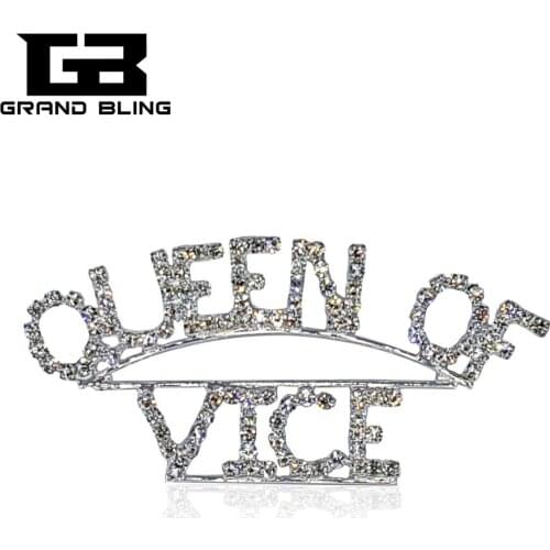 Clear Rhinestone Word Brooch Pins "QUEEN OF VICE" Handmade Jewelry to Fashion Ladies FREE SHIPPING