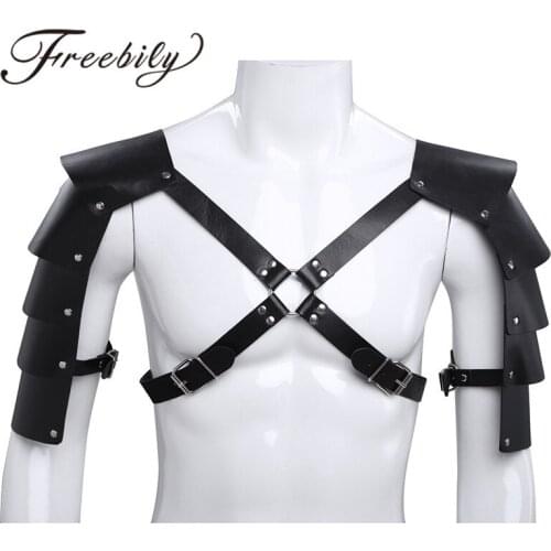 Sexy Men Black Lingerie Faux Leather Adjustable Body Chest Harness Bondage Costume with Shoulder Armors Buckles Tights Zentai
