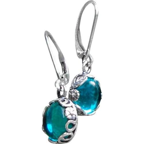 Huitan Unique Blue Imitation Moonstone Dangle Earrings Women Round Pendant for Vintage Party Accessories Bright Ladys Jewelry