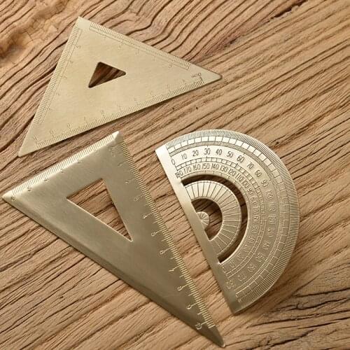 Vintage Brass Geomitric Ruler Golden Retro Semicircle Protractor Triangle Ruler Protractor School Kids Gift Set Measure Tools