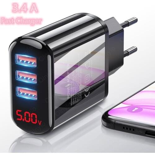 Display USB Charger 3 USB Ports Chargers 5V 3.4A Digital For iPhone11 Samsung Xiaomi Fast Charging Wall Tablet Phone Charger