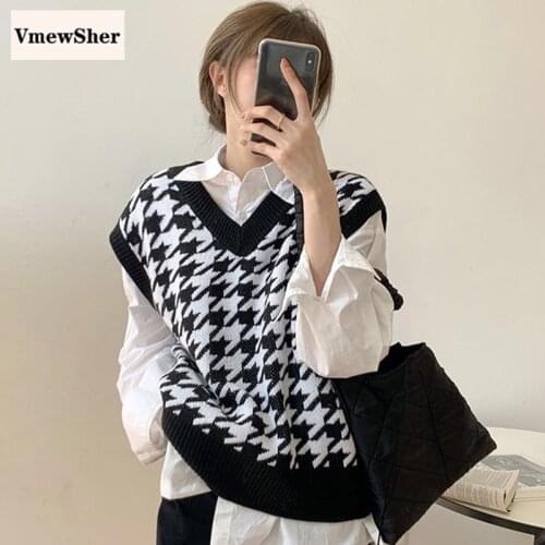 VmewSher Plaid Women Sweater Vest Autumn Spring Pullover Houndstooth Fashion V-Neck Preppy Style Knitted Sleeveless Waistcoat