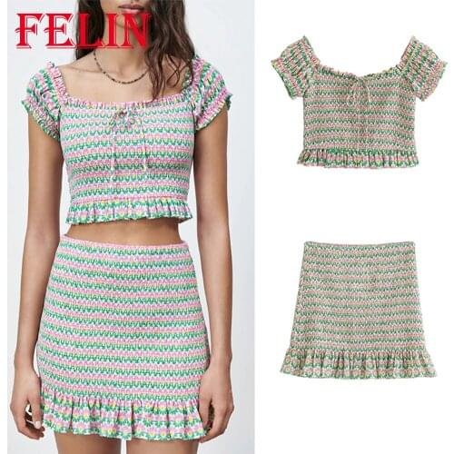 Za Women Suits Striped Print Elastic Cropped Tops Mujer and Sheath Ruffles Mini Skirts Mujer Women Sexy Blouse Summer Women Sets