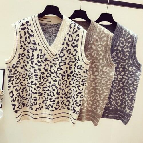 Leopard Print Sweater Vest Women V Neck Knitted Vest 2021 Autumn Fall Basic Sleeveless Jacquard Pullovers Fashion Sueter Mujer