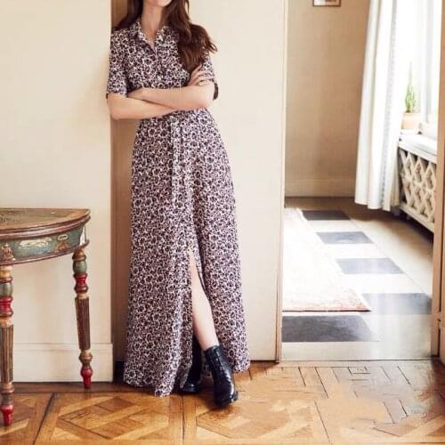 Womens Vintage Floral Maxi Dress Short Sleeve Turn-down Collar Beach Ladies Split Long Dresses With Sashes