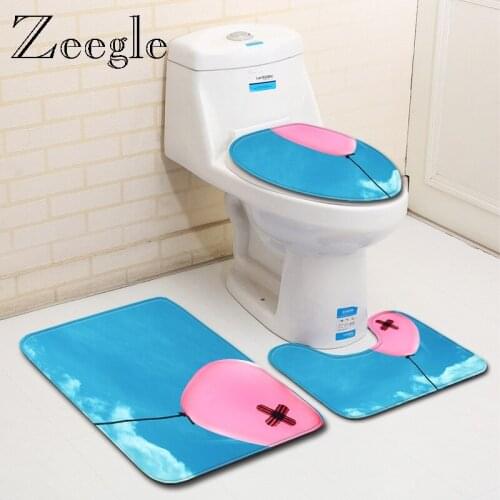 Zeegle Heart Pattern Printed bathroom Carpet 3pcs Bath Mat Set Water Absorption Floor Mat Toilet Non-slip Microfibre Bath Mats