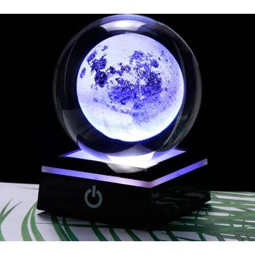3D Moon Crystal Ball LED Base Laser Engraved Glass Globe Home Decoration Crystal Craft Sphere Ornament 8cm