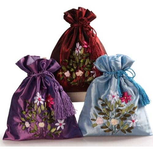 Hand Ribbon Embroidered Large Jewelry Gift Bag Tassel Drawstring Pearl Necklace Bracelet Trinket Storage Pouches Satin Packaging