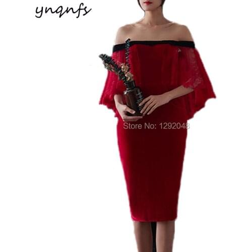YNQNFS M156 Elegant Party Formal Dress Fiesta Burgundy Cape Lace Sleeves Keyhole Back Mother of the Bride Velvet Dresses 2019