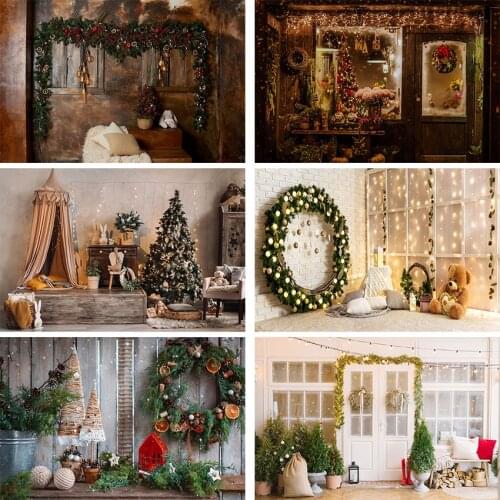 Avezano Winter Christmas Photography Backdrops Green Wreath Glitter Light Wood Door Baby Portrait Decor Background Photophone