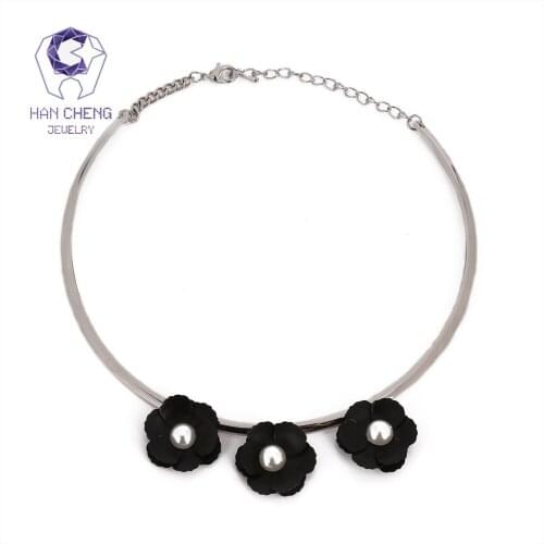 HanCheng New Fashion Silver Stainless Steel Chain 3D Black Flower Pearl Choker Necklace Women Necklaces collar jewelry bijoux