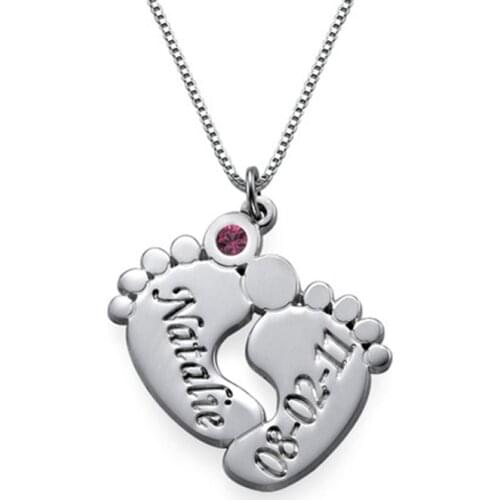 AIYANISHI Personalized Baby Feet Necklace with Birthstone 925 Sterling Silver Customized Name Pendant Necklace Gift for Mother
