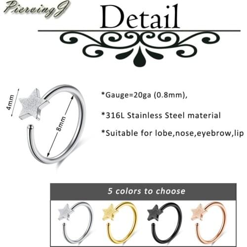 PiercingJ New Stainless Steel 20ga/0.8mm Star Open Hoop Ring Nose Ring Nose Ring Eyebrow Ring Lip Rings Body Piercing Jewelry