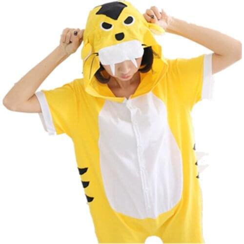 Cartoon Anime Yellow Tiger Cosplay Costume Summer Jumpsuit Short Sleeve Cute Animals Tigger Pajamas Onesie Adult Child Sleepwear