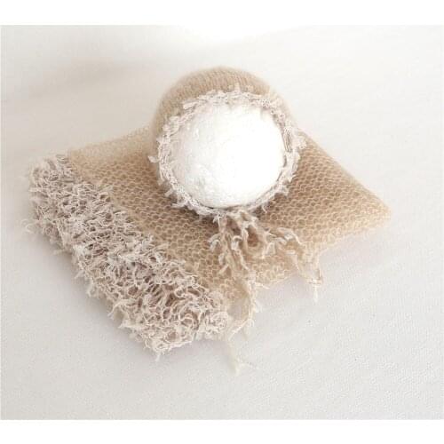 Crochet Newborn Bonnet Set Mohair Baby Girl Outfit Stretch Knit Fabric Newborn Knitted Lace Hat Infant Photo Props Swaddle Sack