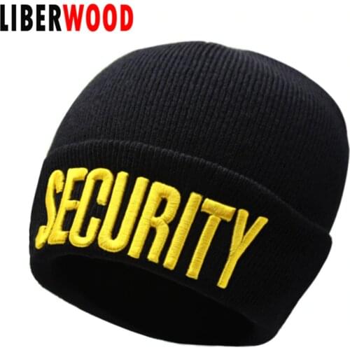 LIBERWOOD Black SECURITY beanie Skull Watch Cap Security Doorman Cops Guard Club Bouncer Men Winter Knitted beanie hat cap