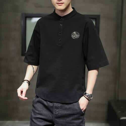 Linen Men Print Chinese Tops Retro Summer Short Sleeve Tang Suit Casual Kung Fu Tunic China Style Traditional Hanfu Shirts 30776