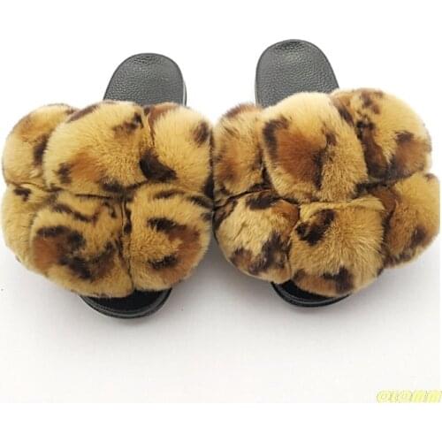 Furry Pom Pom Fur Slides Women Fur Slippers Reall Fox Fur Flip Flop Flat Fluffy Fur Ball Sandals Ladies Cute Rainbow Fur Shoes