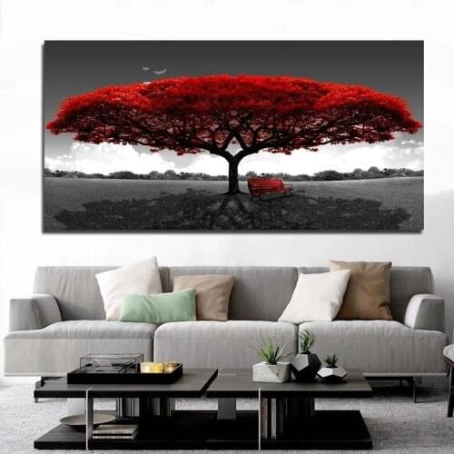 Modern landscape wall art picture purple yellow red tree canvas plant bench landscape poster and home decoration frameless