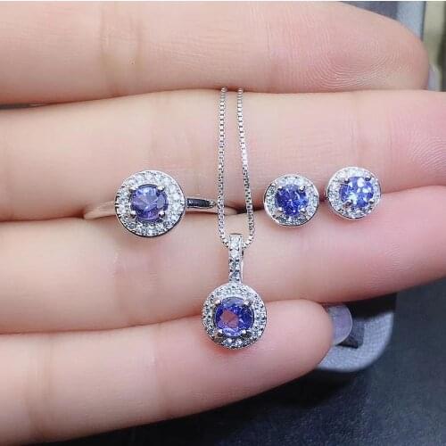 New Arrival Real and Natural Tanzanite Jewelry set 925 sterling silver 1pc Ring,1pc Pendant,2pcs Earring