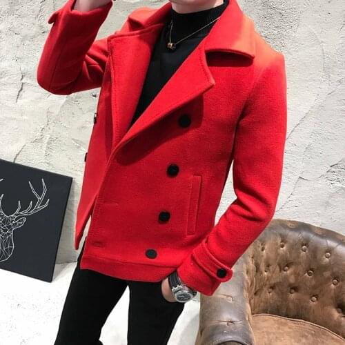 2020 Autumn Winter Solid Color Overcoat Woolen Red Black Smart Casual Wool Coats Jackets Slim Fit Mens Pea Coat