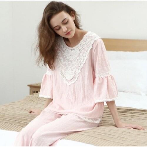 Casual new half sleeve trousers pajamas women spring autumn two piece set full cotton sweet nightwear pijama loose ladies pyjama