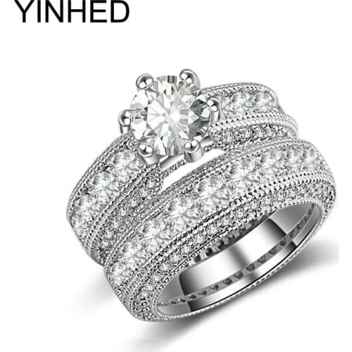YINHED Luxury 2ct Round Cubic Zirconia Wedding Ring Set Real 925 Sterling Silver Engagement Ring For Women Promise Ring ZR236