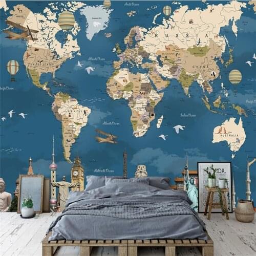 Custom Self Adhesive wallpaper 3d mural retro nostalgic world map TV background wall living bedroom papel DE parede Children