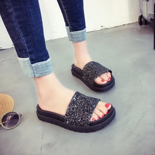 Womens Summer Sandals Leaky Toe Thick Bottom Anti Slip Sequin One Line Sandals Large Size Fashionable Outdoor Beach Slippers