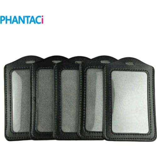 10 pcs/lot Essential Voberry Black PU Leather Business ID Badge Card Holder Vertical (Top Loading) with Slot & Chain Holes