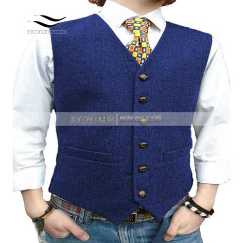 Green Tweed Waistcoat Mens Vest Casual V-neck Collarless British Style Gilet Chaleco for Wedding Leisure BusinessS-3XL