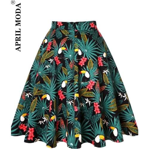 Parrot Animal Printed High Waist Women Skirt Pleated Retro Tutu Harajuku Leaf Big Swing Casual Skirts Summer saias Korea Clothes