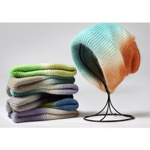 VISROVER 7 Colorway Unisex Space Dyed Yarn Rabbit Fur Acrylic Woman Winter Hat Soft Autumn Bonnet Best Matched Warm Skullies