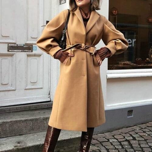 2021 Winter Womens Khaki Woolen Coats Warm Thick With Slash Elegant Puff Long Sleeve Coat Female Overcoat Vintage Clothing Belt