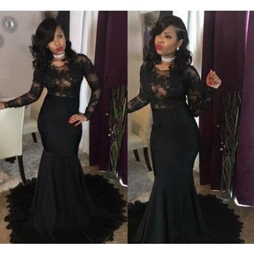 Sexy Mermaid Prom Dresses 2019 black Lace appliques Elegant long sleeves Party Formal Evening Gowns vestidos de gala prom dress