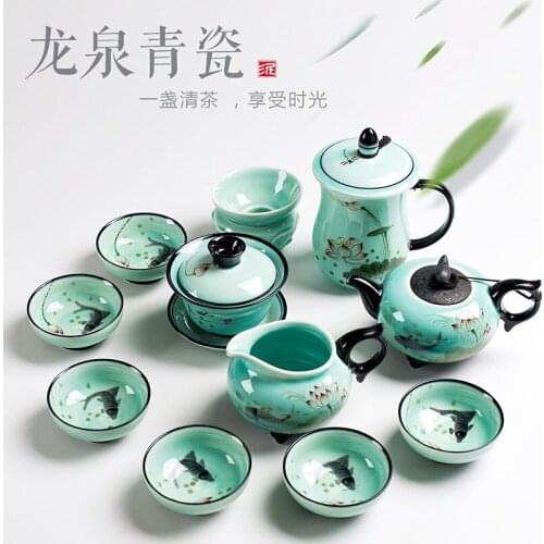 2018 Longquan celadon hand-painted cup teapot set home ceramic kung fu tea set gift box set