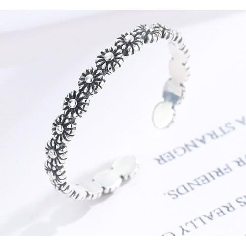 2020 New Arrival 925 Real Silver Prevent Allergy Plant Pave Sunflowers Open Rings For Women Girls Vintage Cute Thin Retro Ring