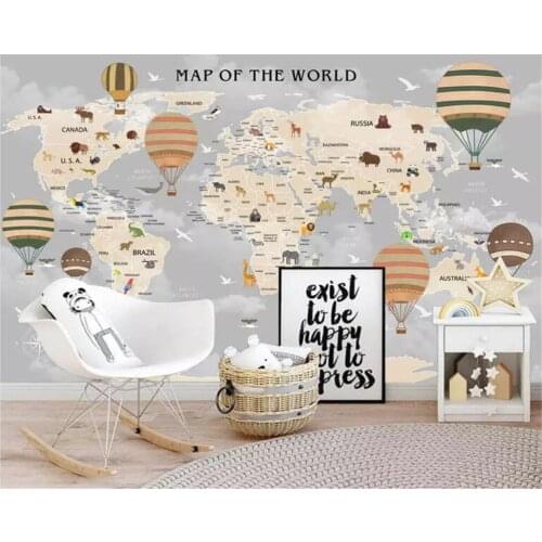 Beibehang Custom 3d Wallpaper Mural Animal Cartoon hot air balloon World Map Childrens room TV Background Wall 3d wallpaper