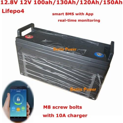 12.8v 12V 100Ah 130AH 120ah 150Ah LiFePO4 LFP Battery smart BMS 60A App bluetooth for Boat motor Solar Energy ups + 10A charger
