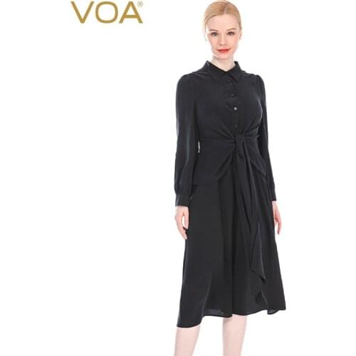 VOA Silk Crepe-De-Chine 12m/m Black Shirt Collar Long Sleeve Single-Breasted Lace Elastic Waist Mock Two-Piece Dress AE233