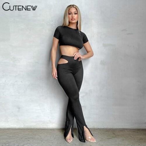 Cutenew Hipster Sexy Hollow Out Skinny Flare Pants Women Clothes Summer Solid Casual High Waist Side Split Stretch Lady Trousers