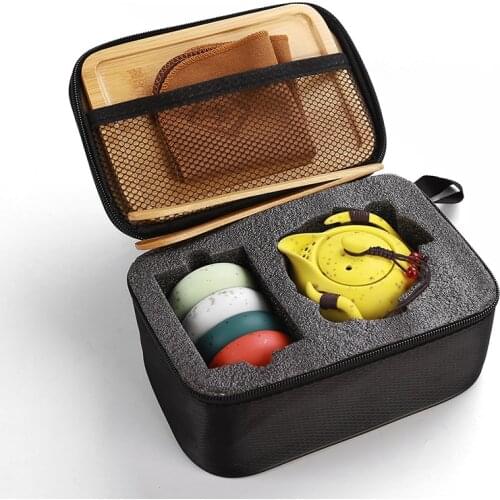 Travel Chinese Kungfu small tea set one pot four cups ceramic teapot cup bamboo tray portable bag Japanese tea ceremony