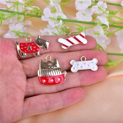 10pcs/pack Lovely Christmas Cat Deer Dog and Bone Enamel Metal Charms Earring Bracelet DIY Necklace Jewelry Making