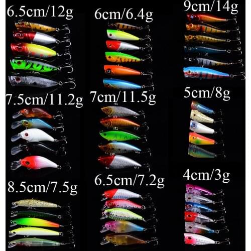 Artificial Baits 48pcs Mixed 19 Different Models Popper Minnow VIB Fishing Lures Set Bass Crankbait Fishing Tackle 3D Eyes