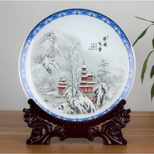 Jingdezhen Ceramic Plate Traditional Chinese Style Snow Scene Porcelain Decorative Plate Metope For Living Room Hotel