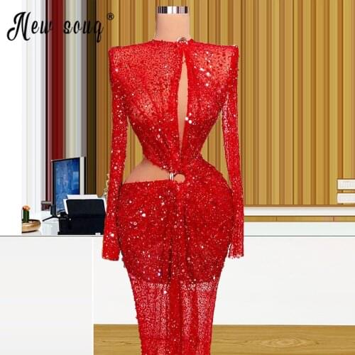 Red Long Sleeve Celebrity Dresses 2021 African Boat Neck Mermaid Chic Evening Gowns Formal Prom Dress Longue Robes Real Photo