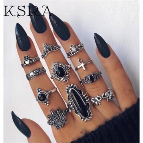 KSRA 2020 Fashion Western Style Classical 11pcs Rings Sets Black Gem Crown Carved Variety of Ring Women Jewelry For Holiday Gift