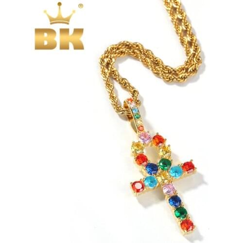 THE BLING KING Rainbow Mix Colored Cubic Zirconia Ankh Cross Pendant Fashion Iced Out Bling Key Of Life Necklace Jewelry